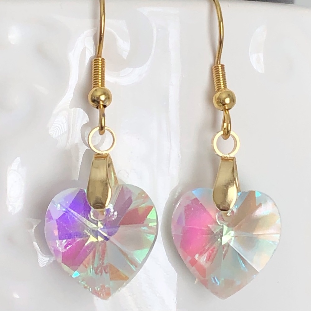 New Crystal AB Dangling Drop Heart Earrings 18K Gold Plated Hooks Handmade Gift